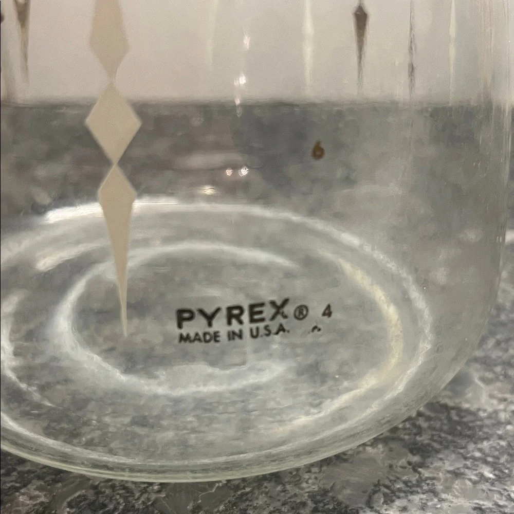 Vintage Pyrex Glass Coffee Carafe with Black Handle and Gold Accents